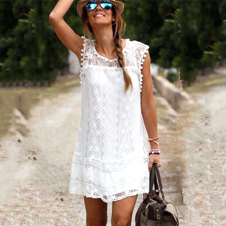 Summer Elegant Women Casual Solid Short Sleeve Slim Lace Mini ...