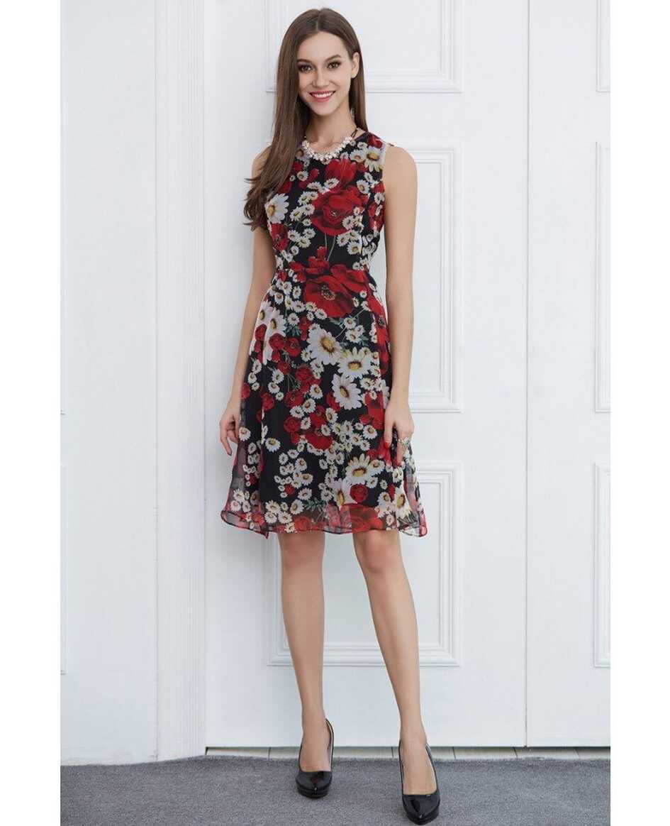 Summer Floral Print Chiffon Knee-Length Wedding Guest Dress #DK347 ...