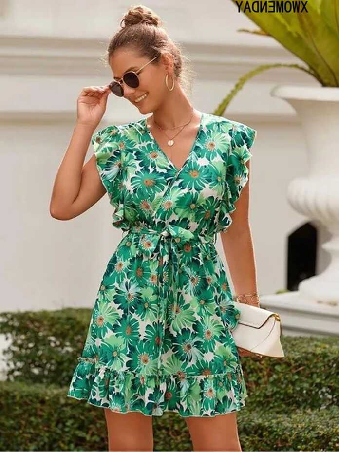 Summer Floral Print Short Dress Woman Casual V Neck Ruffle Bandage ...