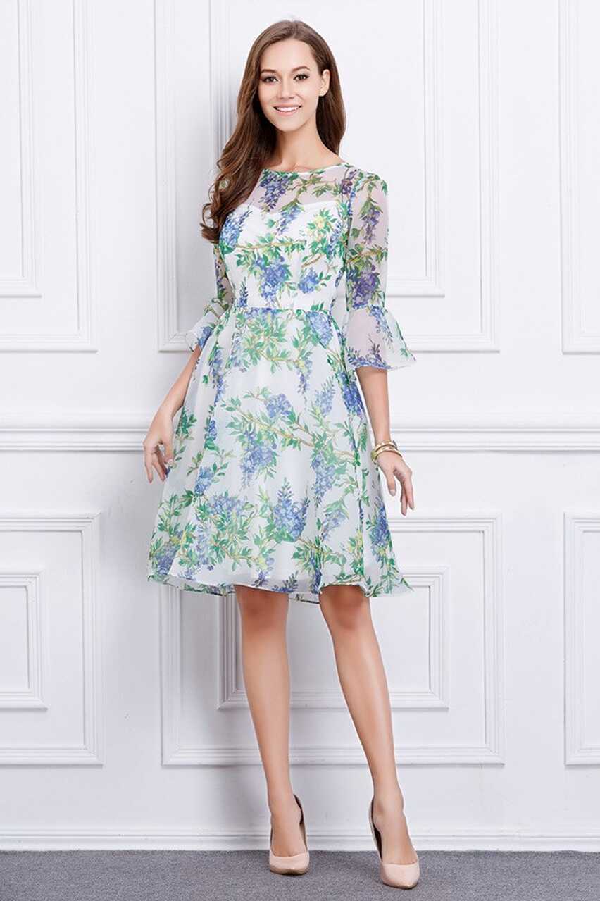 Summer Floral Printe A-Line Chiffon Knee-Length Wedding Guest ...