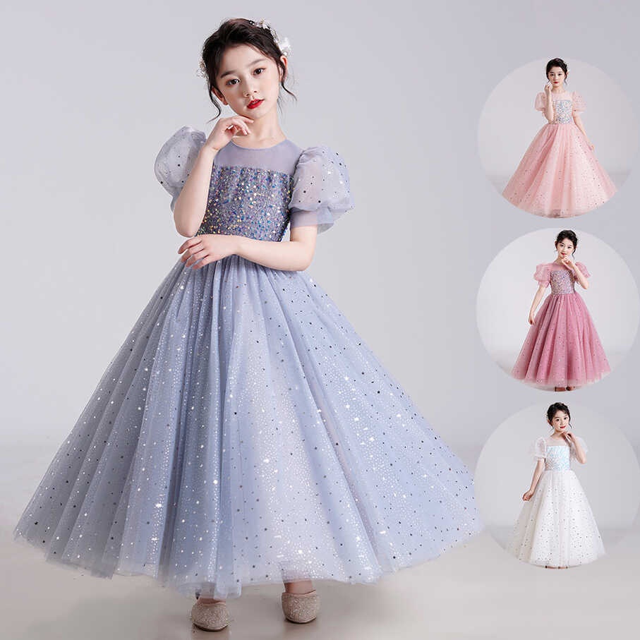 Summer Girls Princess Dress Puff Sleeve Long Dress Gauze Gown Kid ...