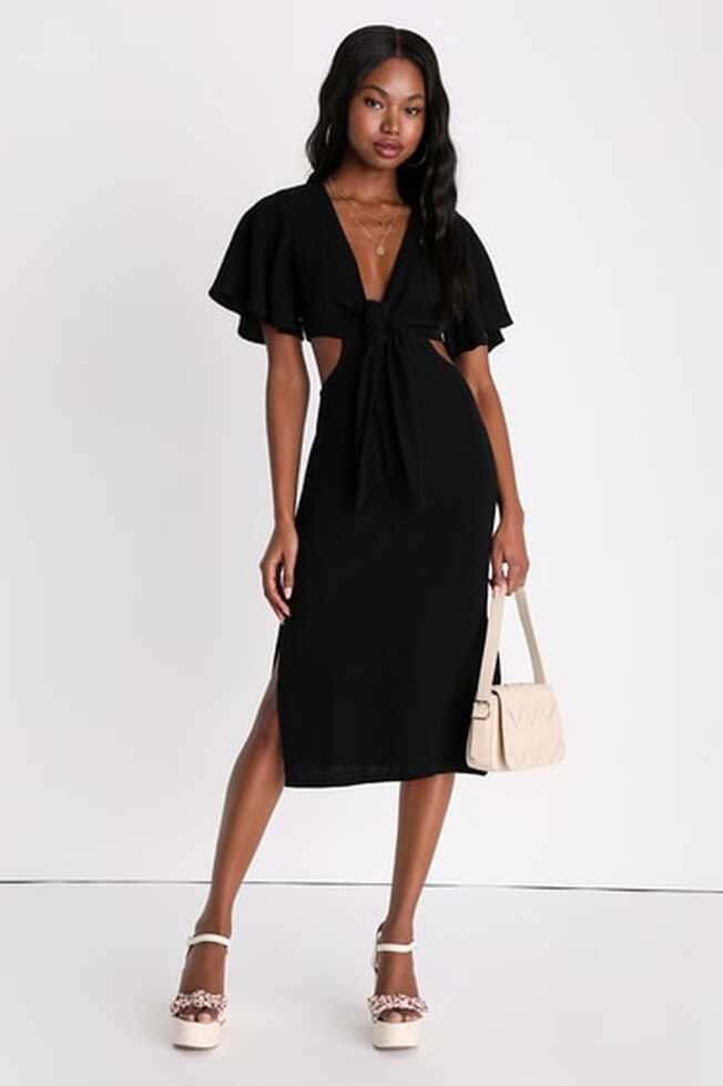 Summer Journey Black Tie-Front Cutout Midi Dress, 44% OFF