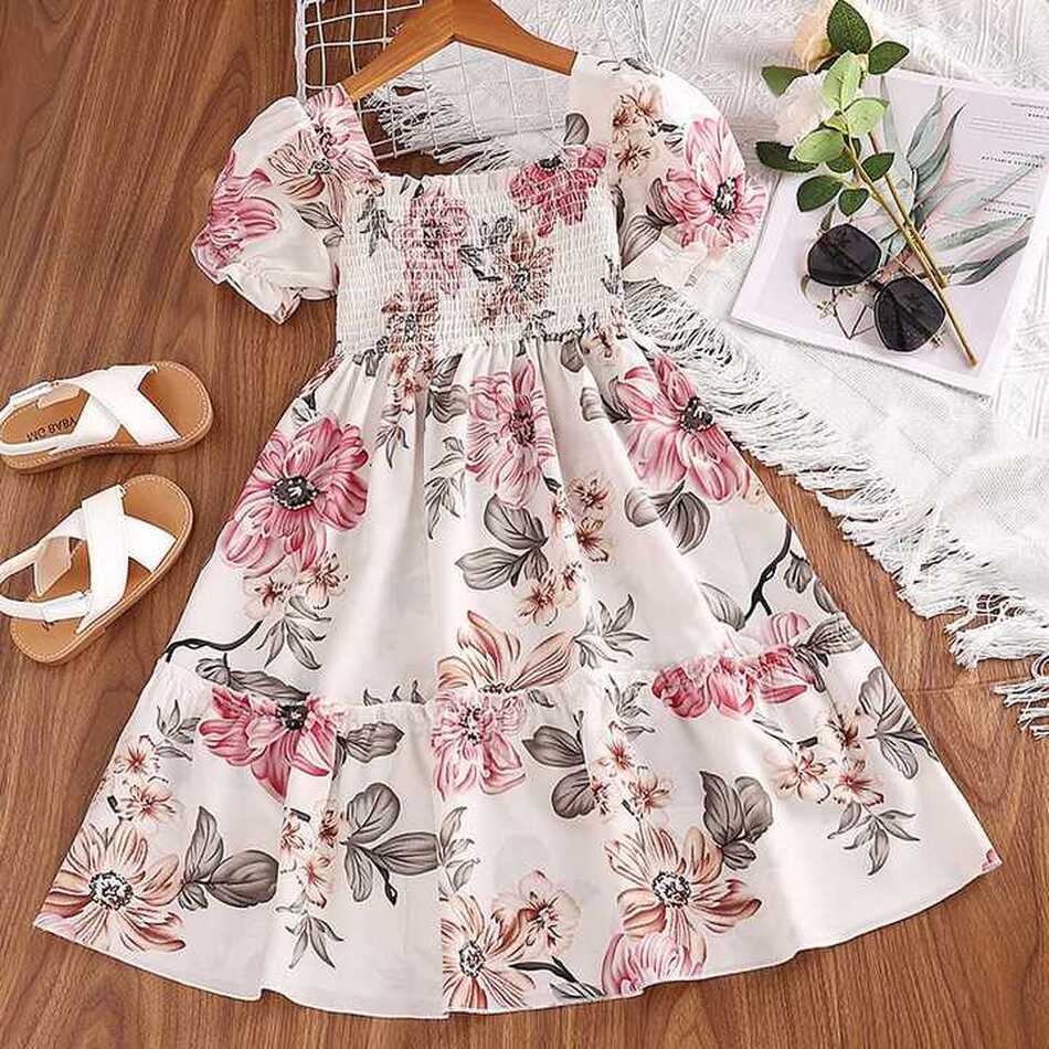 Summer Kids Dress Sleeveless Square Neck Floral Print Lace ...