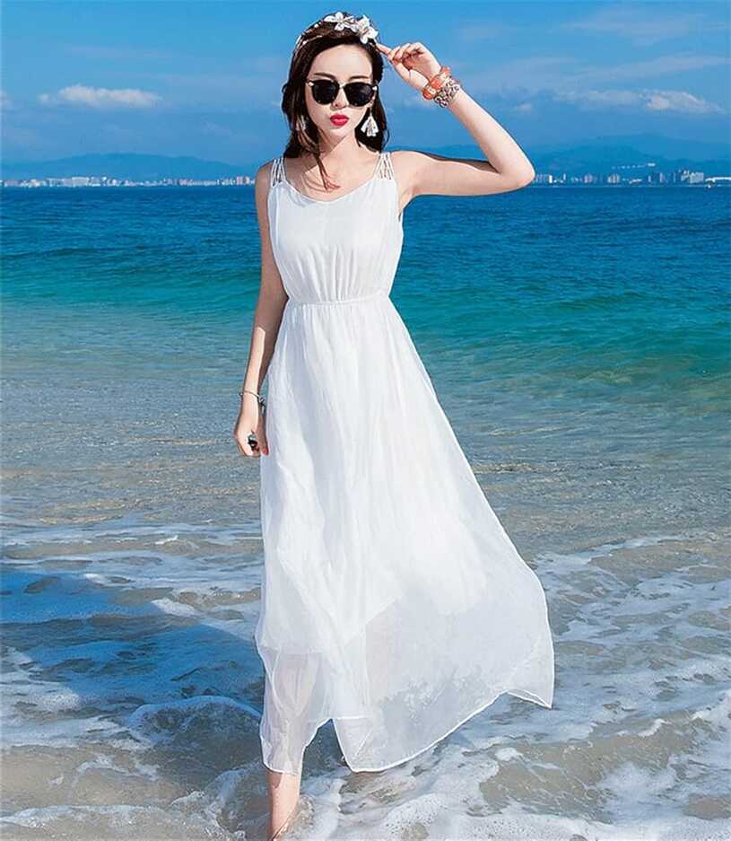 Summer Ladies Bohemian White Silk Korean V-Neck Sleeveless Long ...