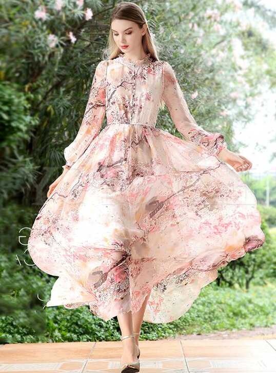 Summer Long Sleeve Chiffon Print Maxi Dress