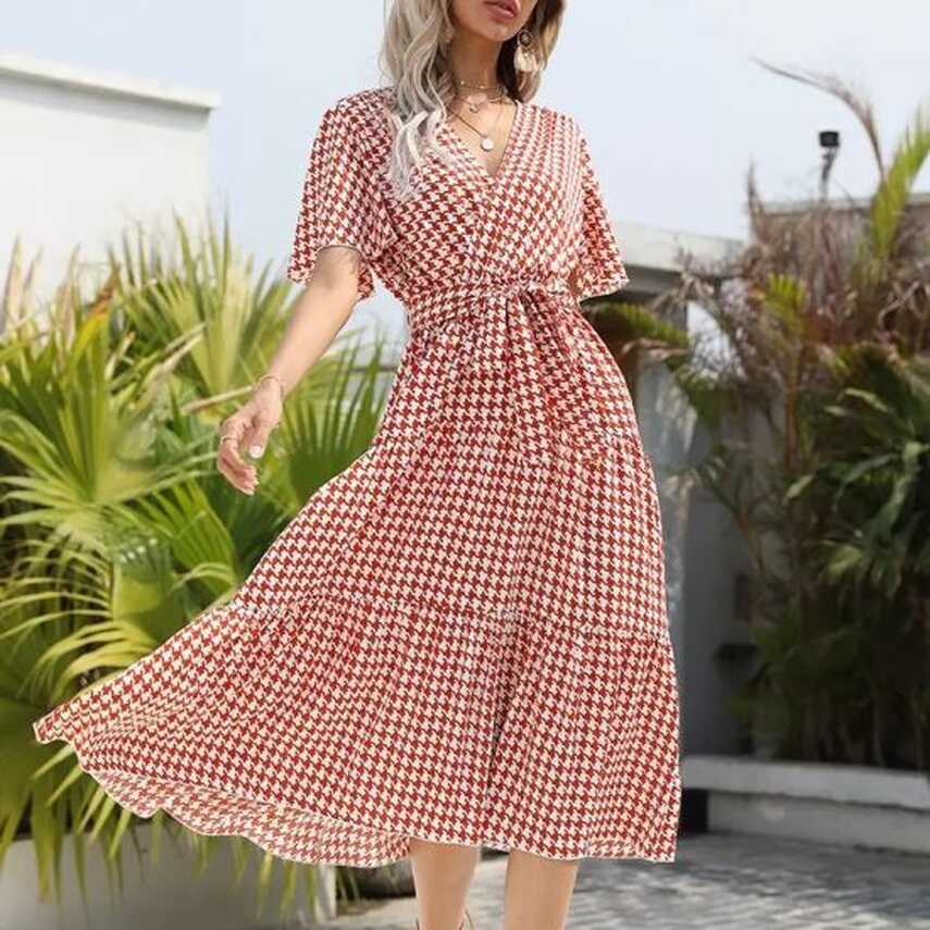 Summer Maxi Dress Short Flare Sleeves V Neck Elegant Dress with ...