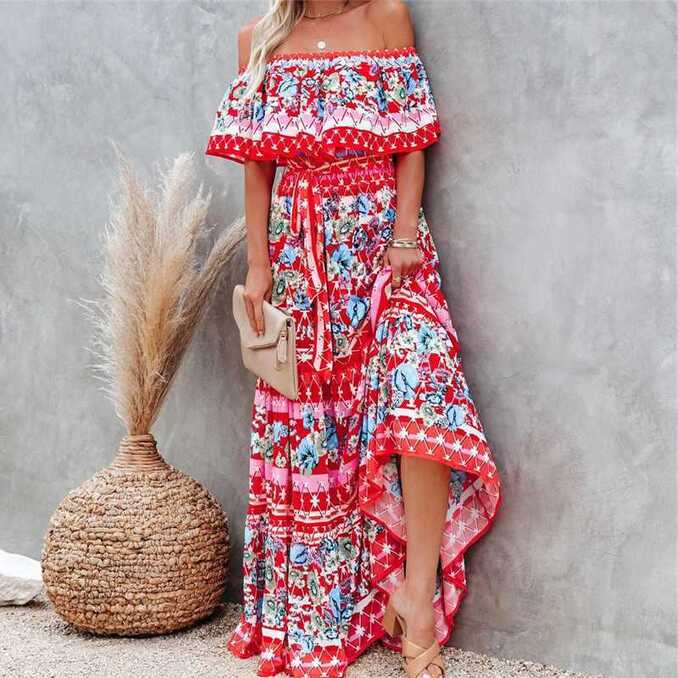 Summer Off Shoulder Bardot Floral Print Bohemian Maxi Dress Long ...