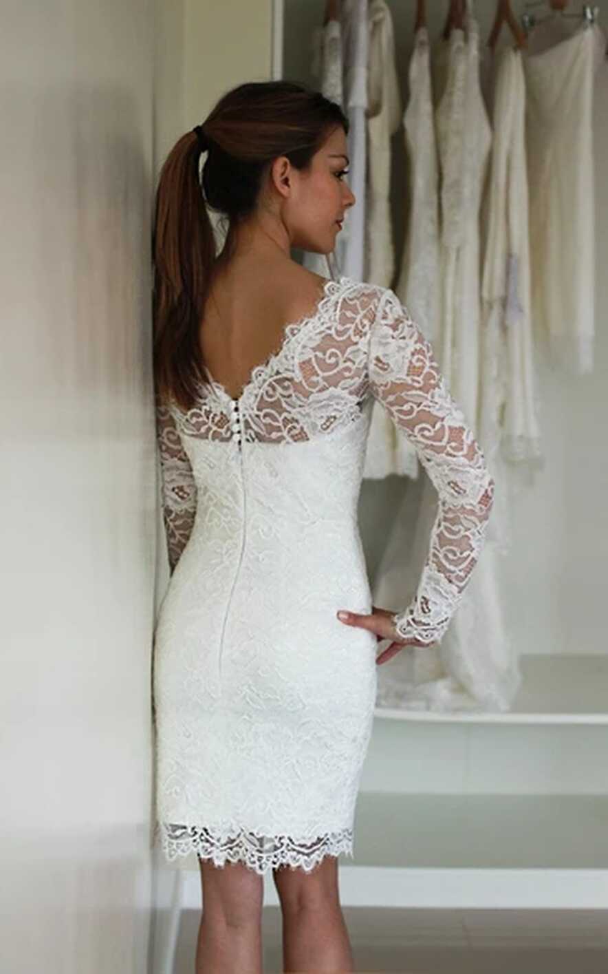 Summer Short Boho Sleeved Lace Mini Wedding Dress Vintage Illusion ...