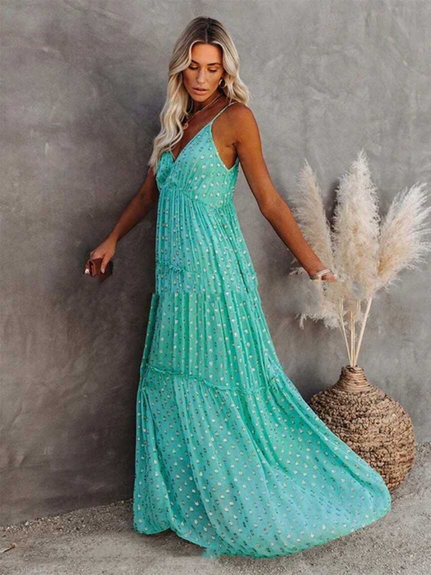 Summer Sleeveless Long Women V Neck Spaghetti Strap Maxi Dress ...