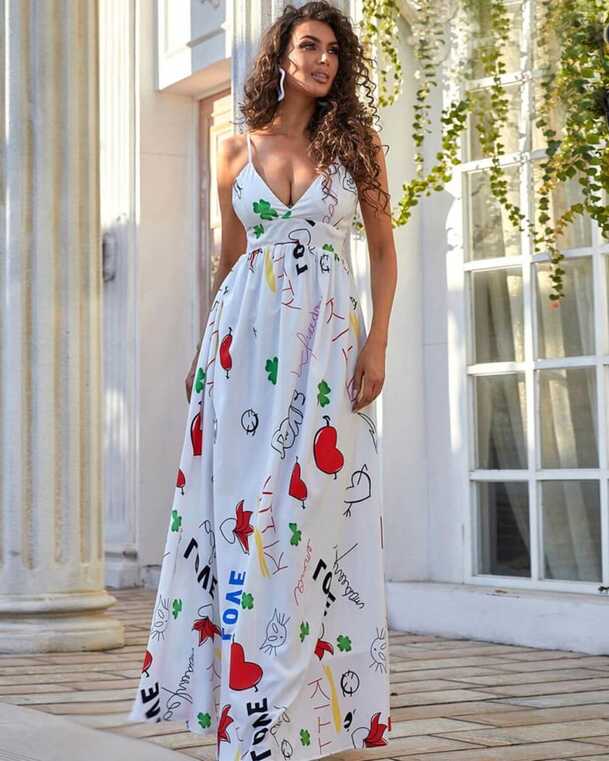 Summer Spaghetti Strap Holiday Beach Floral Print Maxi Dress - STYLORD