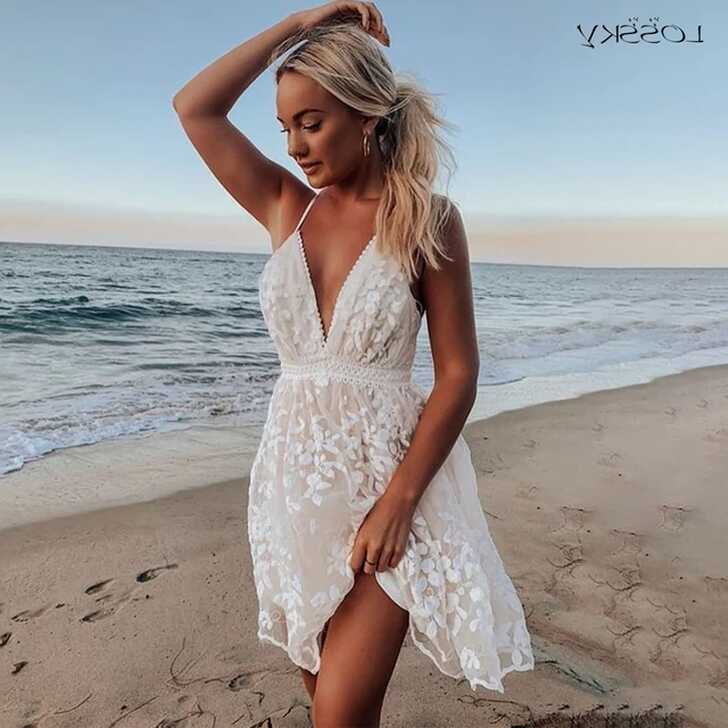 Summer Sundress White Floral Embroidery Mesh Lace Sexy Backless ...