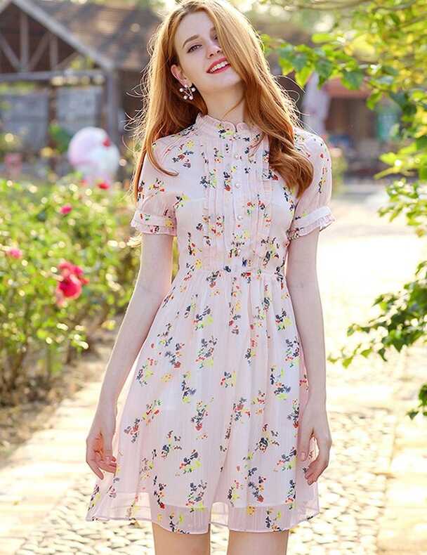 Summer Sweet Floral Printed Short Sleeves Stand Collar A-line ...