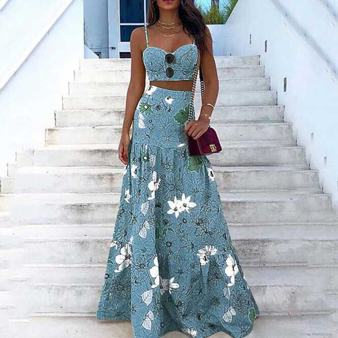 Summer Two Piece Women&#39;s Dress Set Long Maxi Skirt with Floral ...