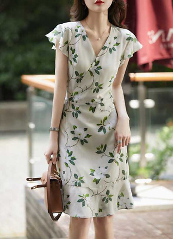 Summer V-Neck Floral Dress Knee-Length Women Party Sweet ...