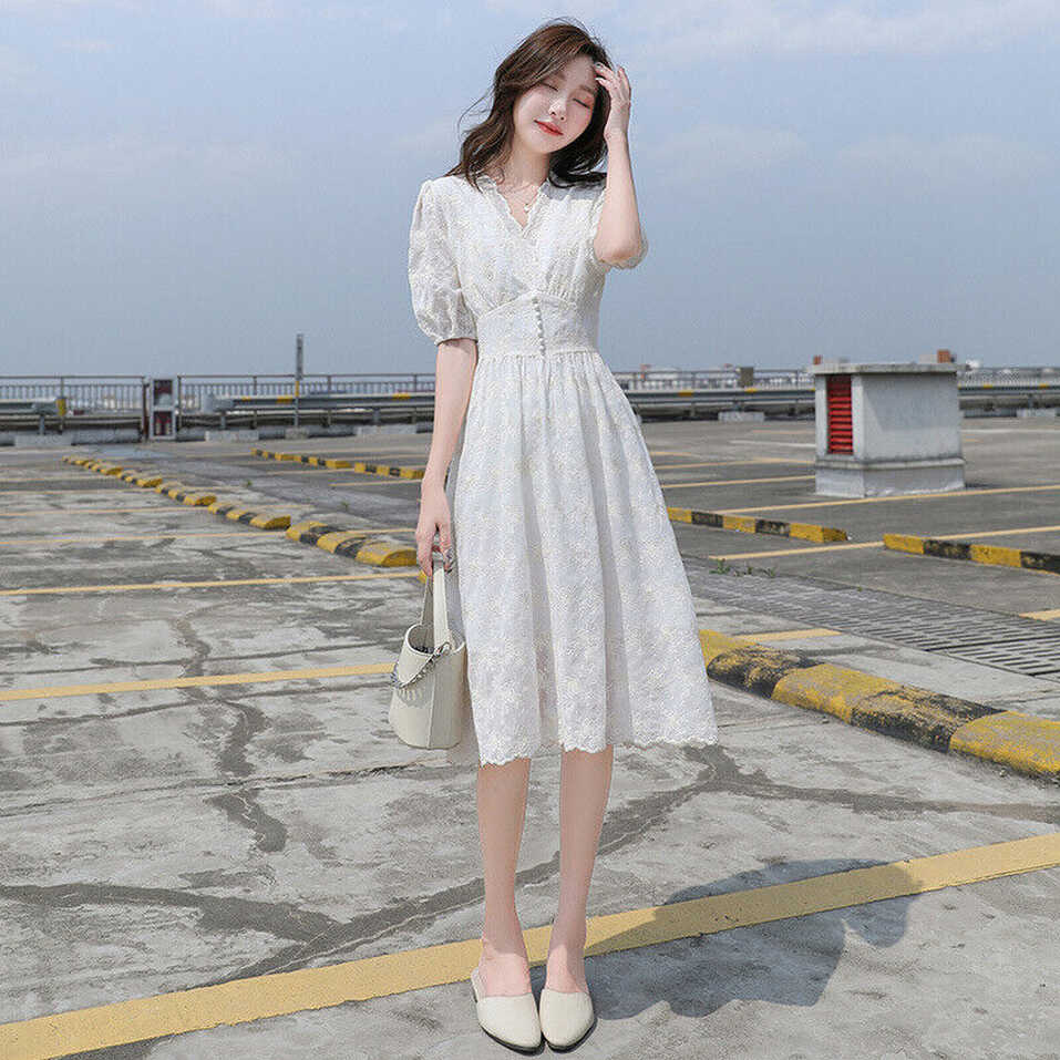 Summer V-Neck Knee Length A Line Dress Female Sweet Lace ...