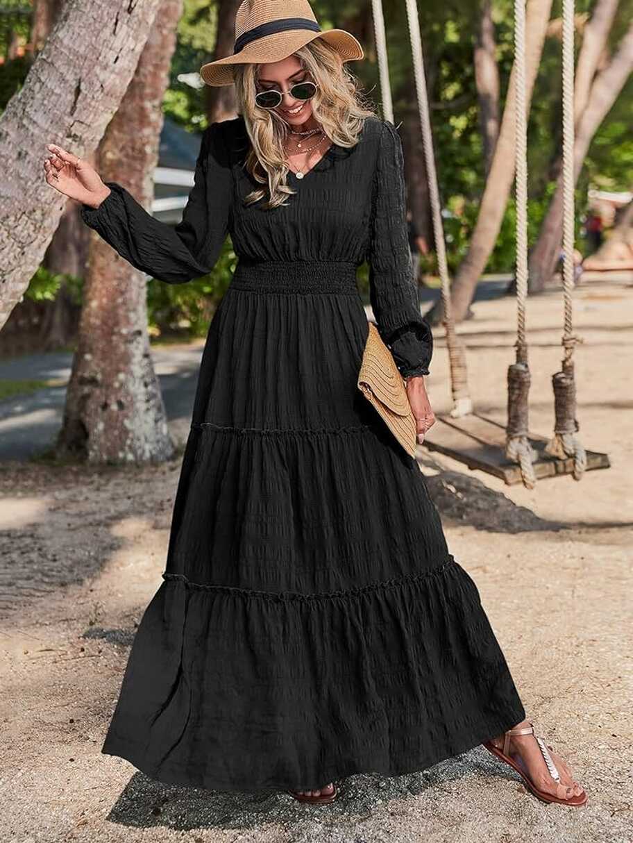 Summer Women&#39;s Casual Dress Ruffle Hem A-line Maxi Black Dress ...