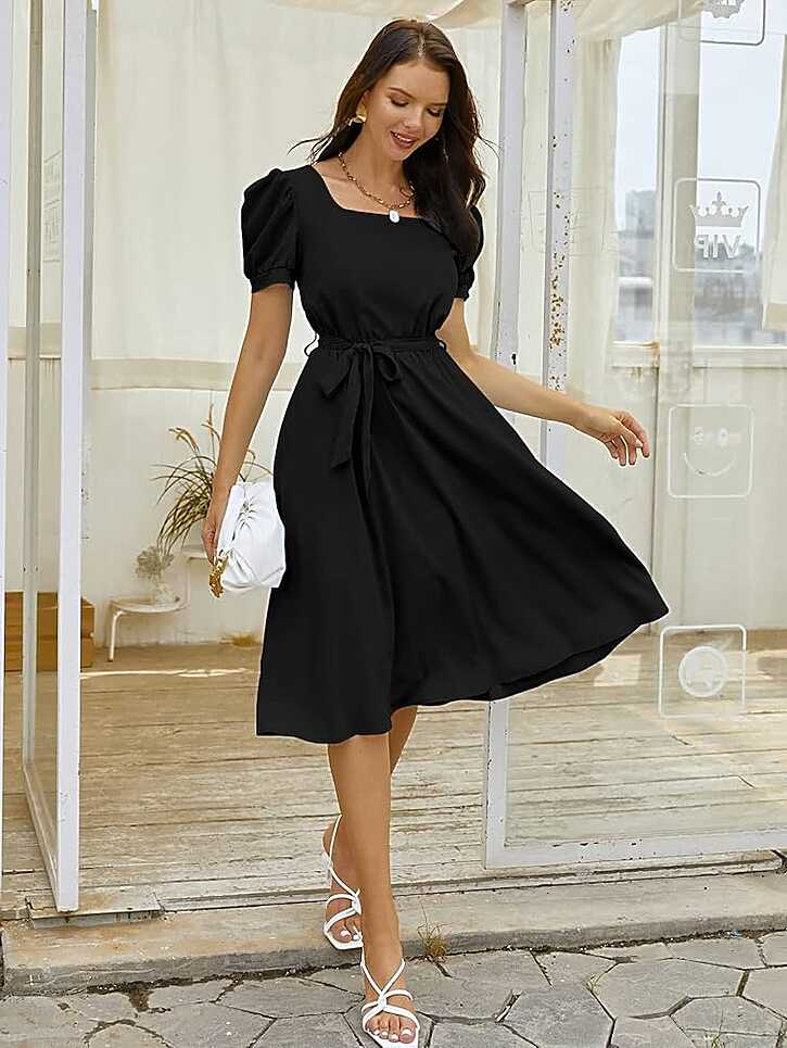 Summer Women&#39;s Casual Dress Solid Belted Puff Sleeve Midi Black ...