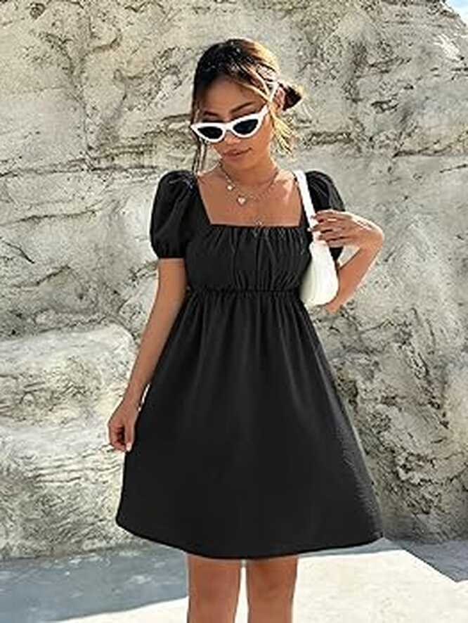 Summer Women&#39;s Casual Short Dress Square Neck Puff Sleeve Short ...