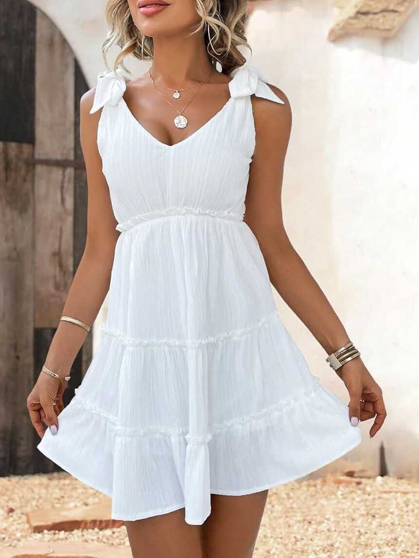 Summer Women&#39;s White Dress Frenchy Tie Shoulder Frill Trim Ruffle ...