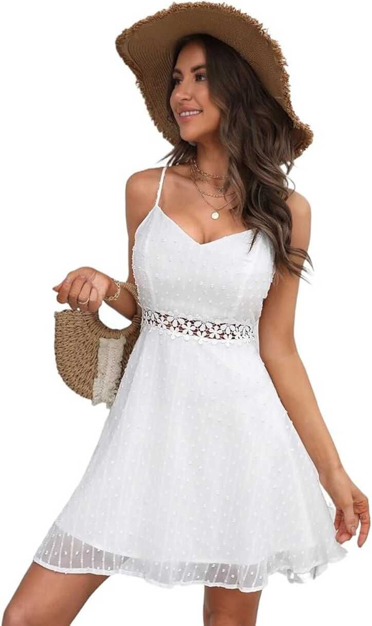 Summer Women&#39;s White Dress Lace Insert Cami Short Dress Sleeveless ...