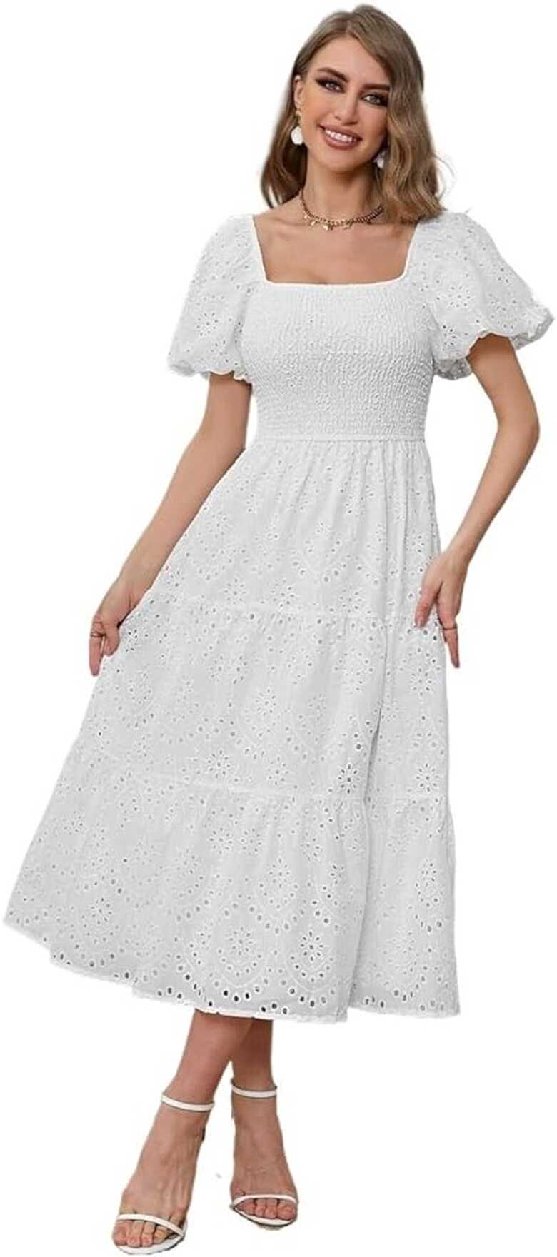 Summer Women&#39;s White Dress Square Neck Puff Sleeve Ruffle Hem Long ...