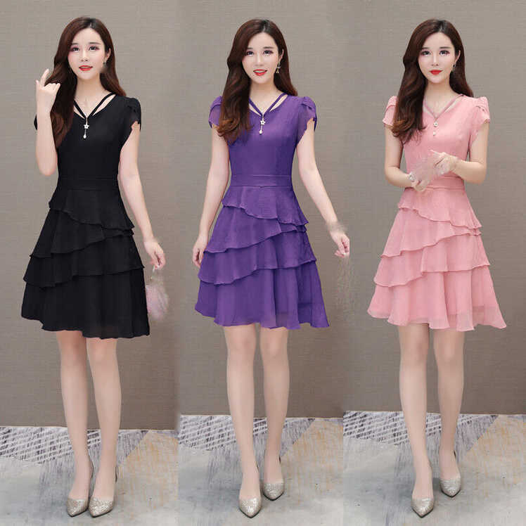 Summer Women A-line Dress Short Sleeves High Waist Casual Chiffon ...