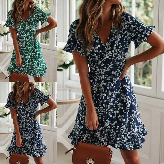 Summer Women Floral Print Ruffle Short Sleeve Mini Dress Casual ...