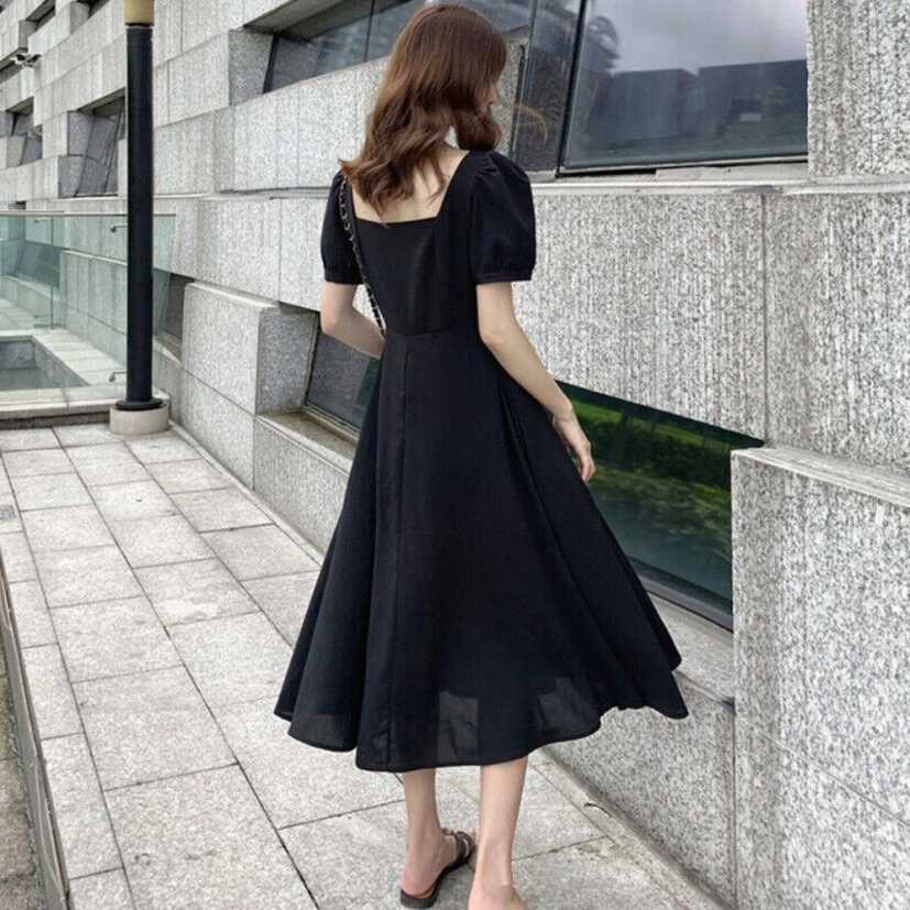 Summer Womens Elegant Black Square Neck Short Puff Sleeves Slim ...