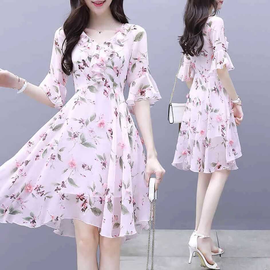 Summer Womens Korean Fashion V Neck Pink Chiffon Floral Dress ...