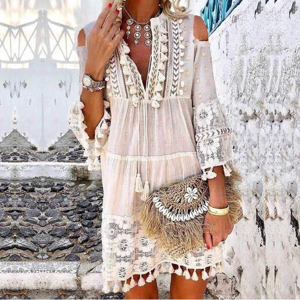 Summer tassel boho dress women v Neck seven sleeve loose short ...