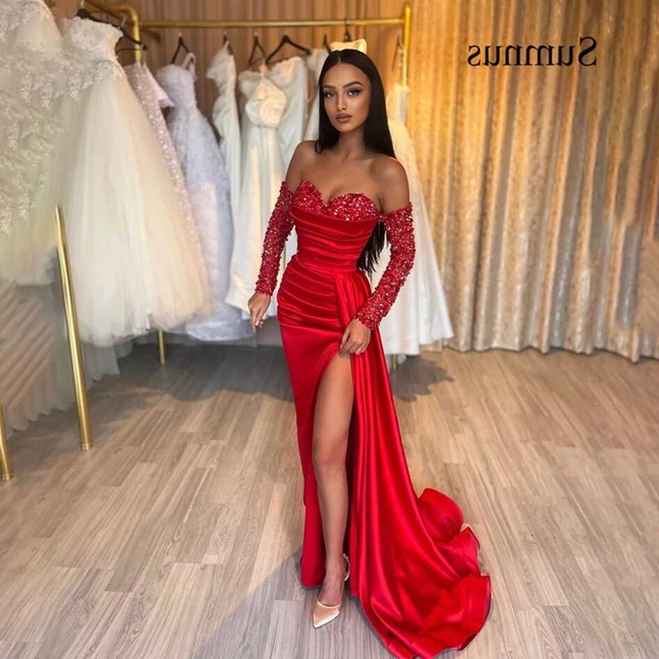 Sumnus Red Sexy Mermaid Evening Dresses Side Split Sequins ...