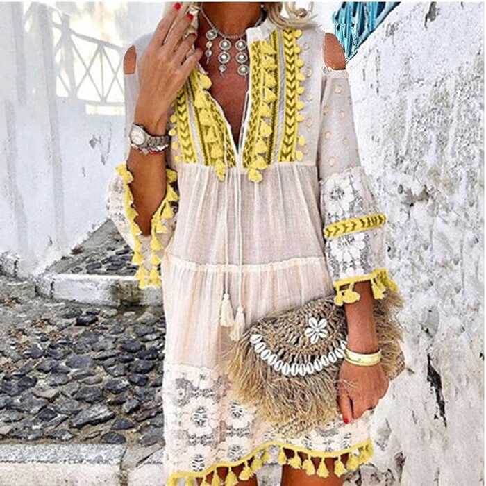 Sun Dress, Women Fashion Three-Quarter Sleeve Boho Dress Lace ...