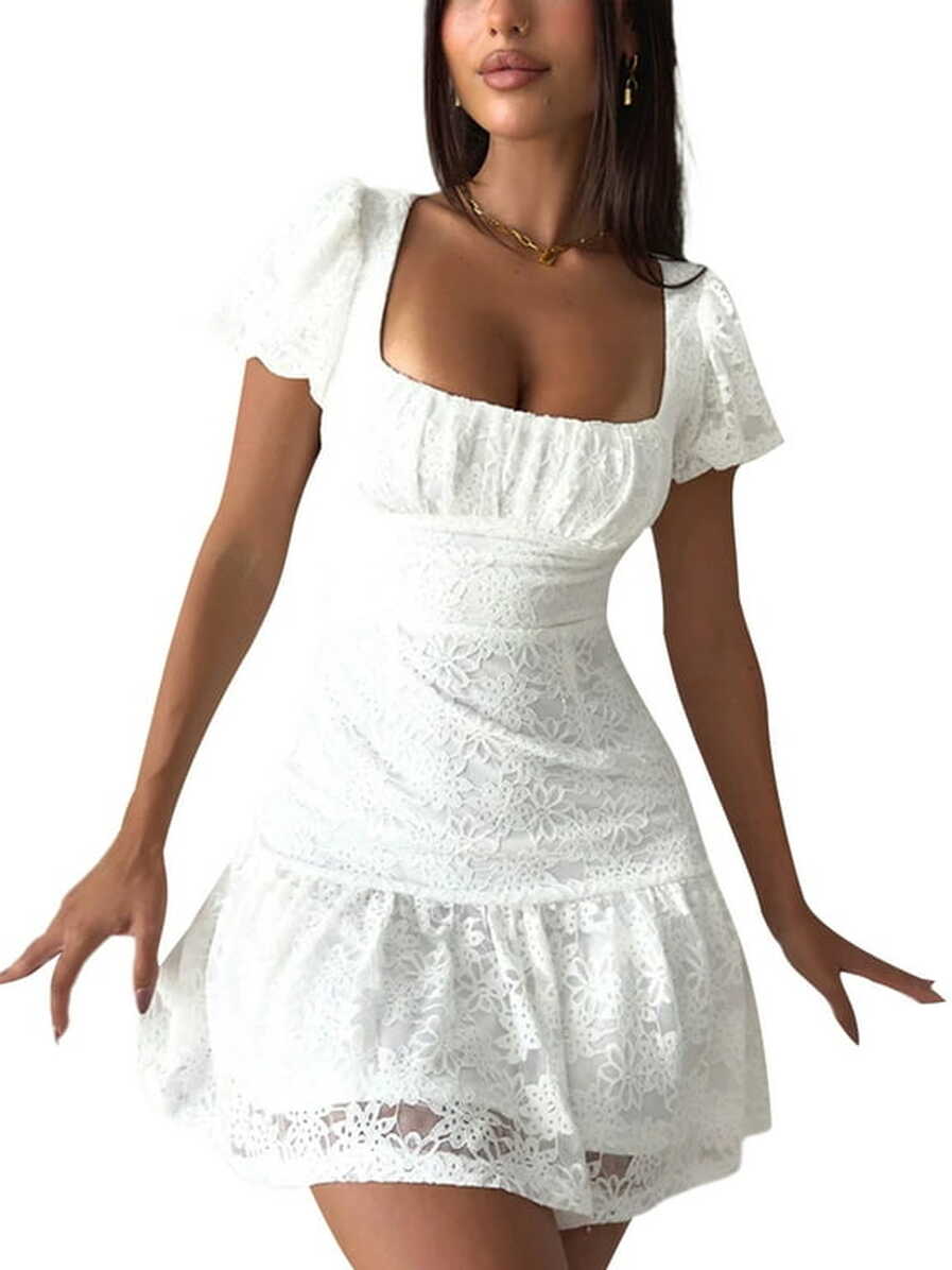 Sunisery White Graduation Mini Dress for Women 2023 Lace Ruffle A ...