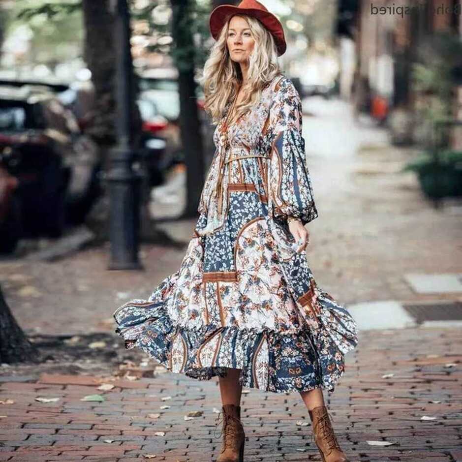 Super CHic long boho dress Spring summer dress long sleeve V-neck ...