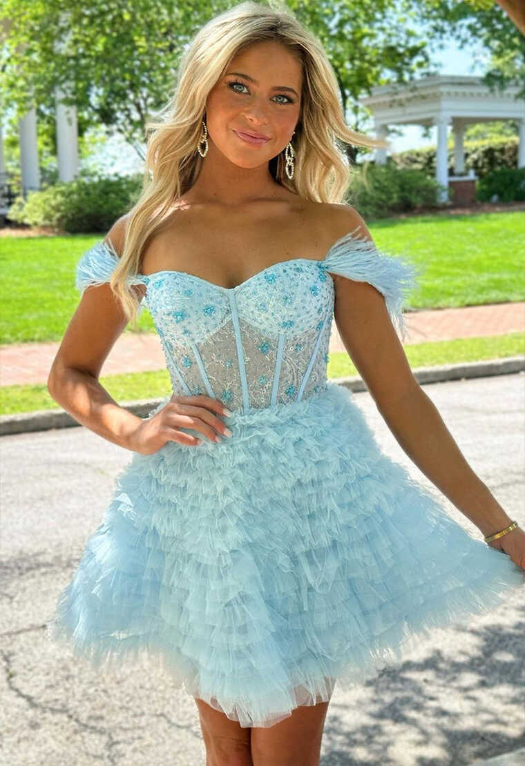 Swag Sleeve Boat Neck A Line Tulle Flower Short Homecoming Dress ...