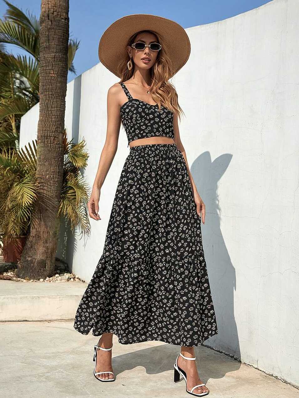 SweatyRocks Boho 2 Piece Outfits Camisole Crop Top With Maxi Skirt