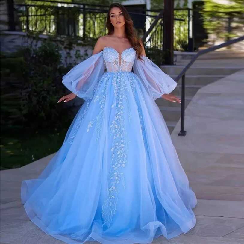 Sweet Blue Lace Prom Dresses 2023 Off The Shoulder Puffy Long ...