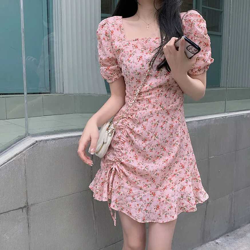 Sweet Cute floral dress chic design korean style square neck short ...