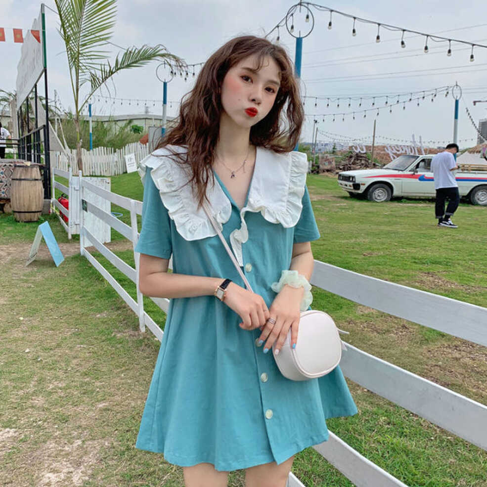 Sweet Lapel Dress for Girls Korean Style New Summer Tight Waist ...