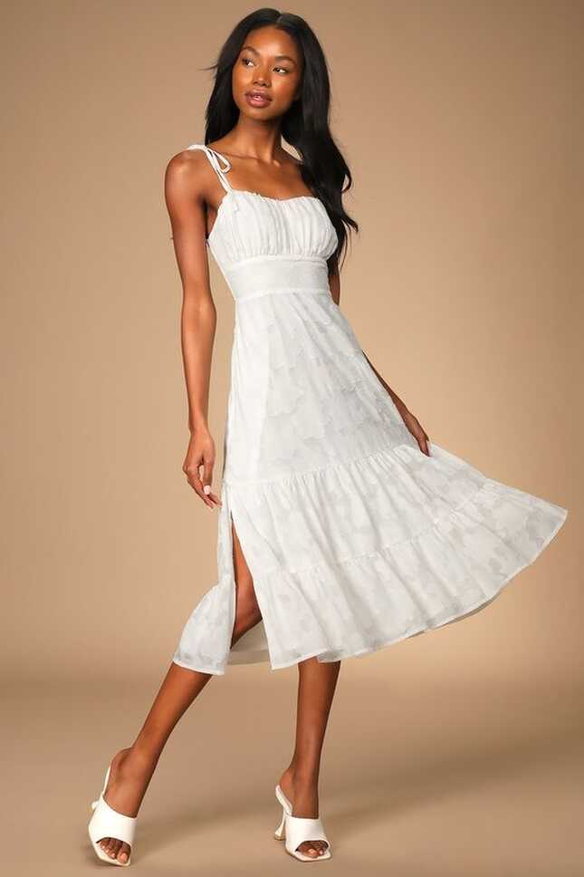 Sweet Sentiments White Jacquard Tiered Midi Dress