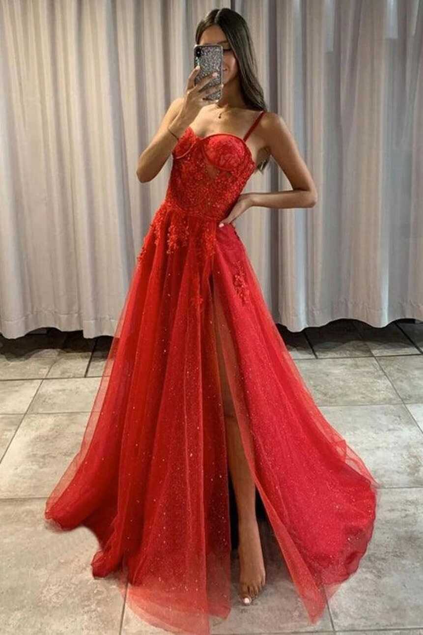 Sweetheart A-line Red Lace Sparkly Tulle Prom Dresses Formal ...