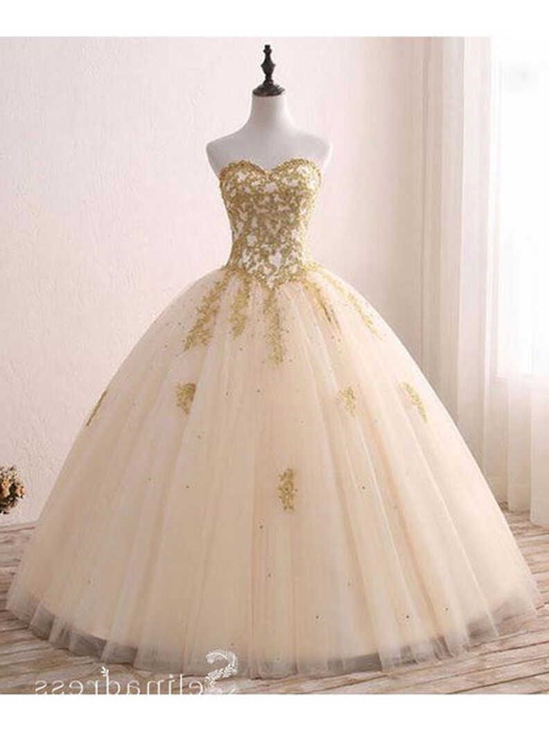 Sweetheart Ball Gown Princess Long Prom Dresses Gold Formal Gowns ...