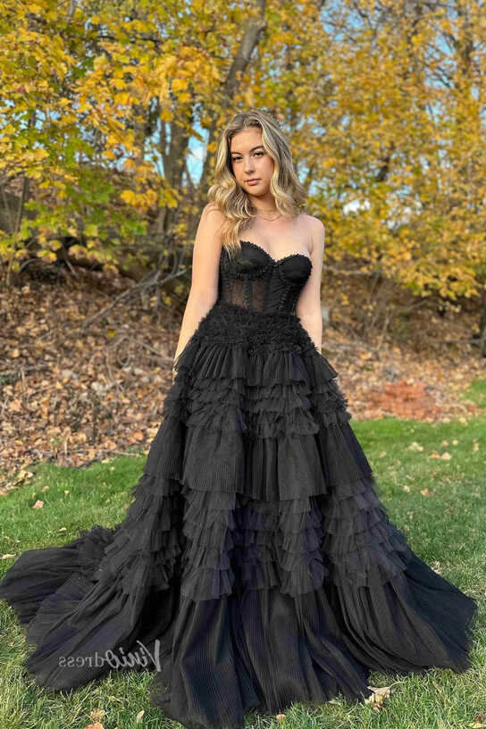 Sweetheart Black Ruffle Prom Dress Tiered Tulle Wedding Dresses ...