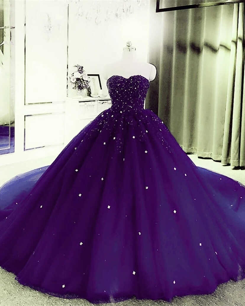 Sweetheart Crystals Prom Dresses Ball Gown Beaded Purple ...