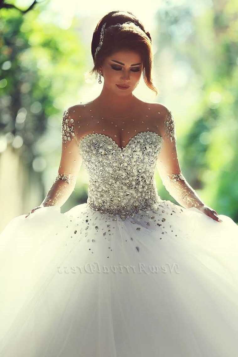 Sweetheart Crystalss Ball Gown Wedding Dress See Through Long ...