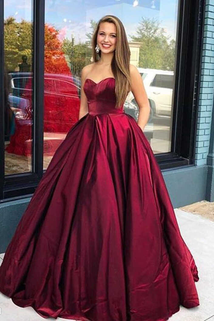 Sweetheart Dark Red Satin Long Prom Dresses with Pockets, Gown ...