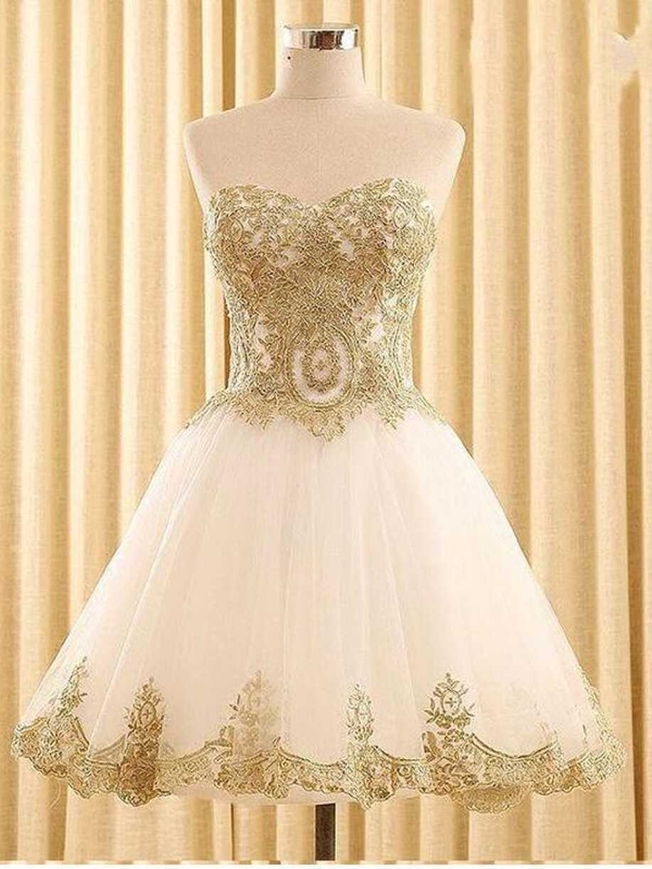 Sweetheart Gold Lace White Tulle Short Cheap Homecoming Dresses ...