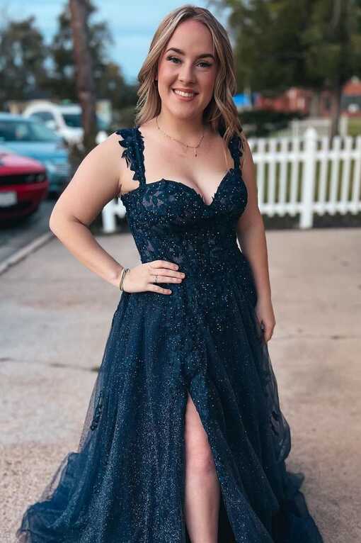 Sweetheart Indigo Straps A-Line Prom Dress with Slit – Dreamdressy