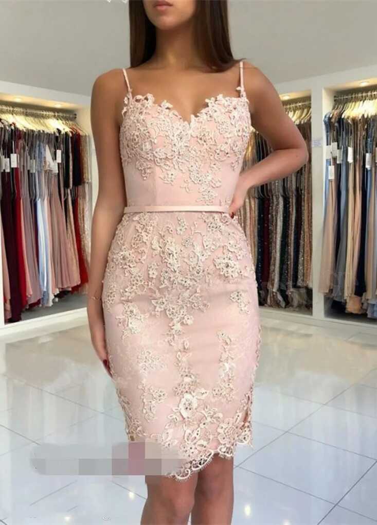 Sweetheart Knee Length Sheath Pink Lace Cocktail Dress With ...