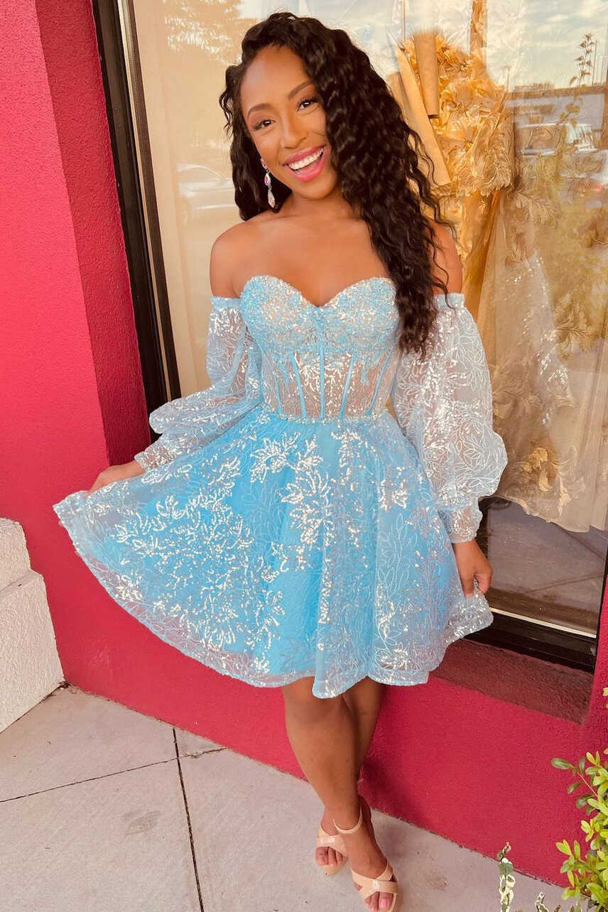 Sweetheart Long Sleeve Sequined Homecoming Dress With Lace ...